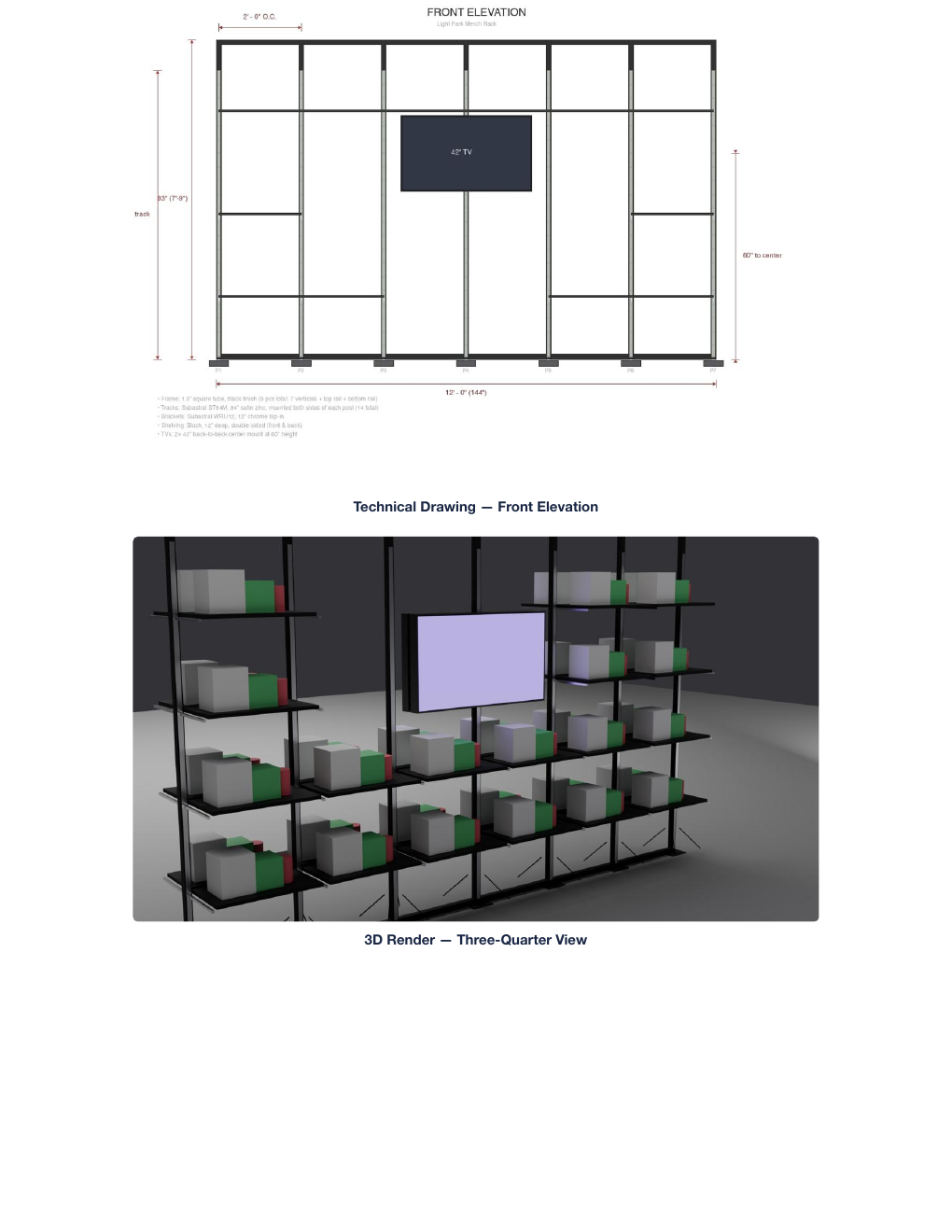Rack technical drawing — front elevation and 3D render