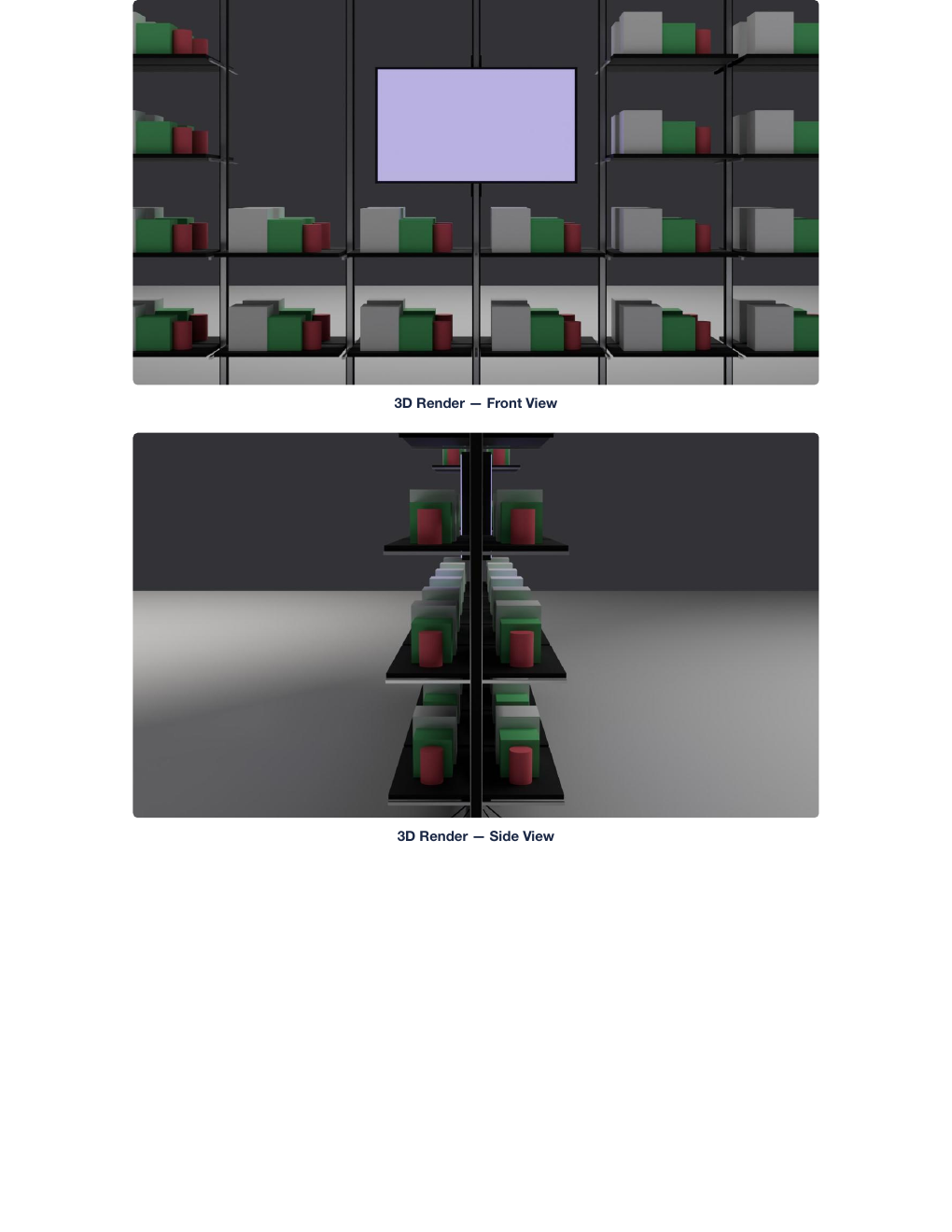 Rack 3D renders — front and side views